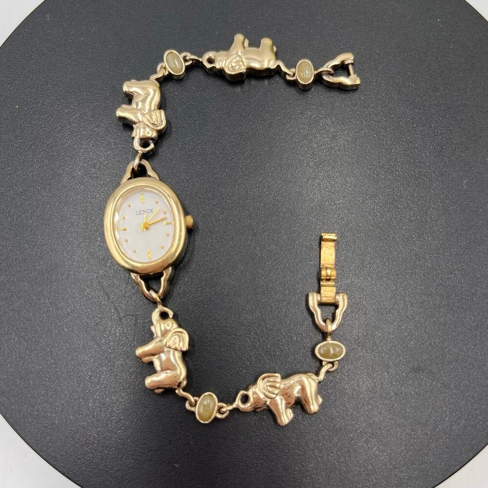 Lenox Vintage Sterling Silver Vermeil Elephant Trunk Up Jade Cabochon Watch 6.5”